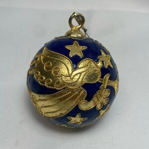 Vintage Cloisonné Enameled Blue Gold Christmas 2.5" Ball Ornament Musical Angel